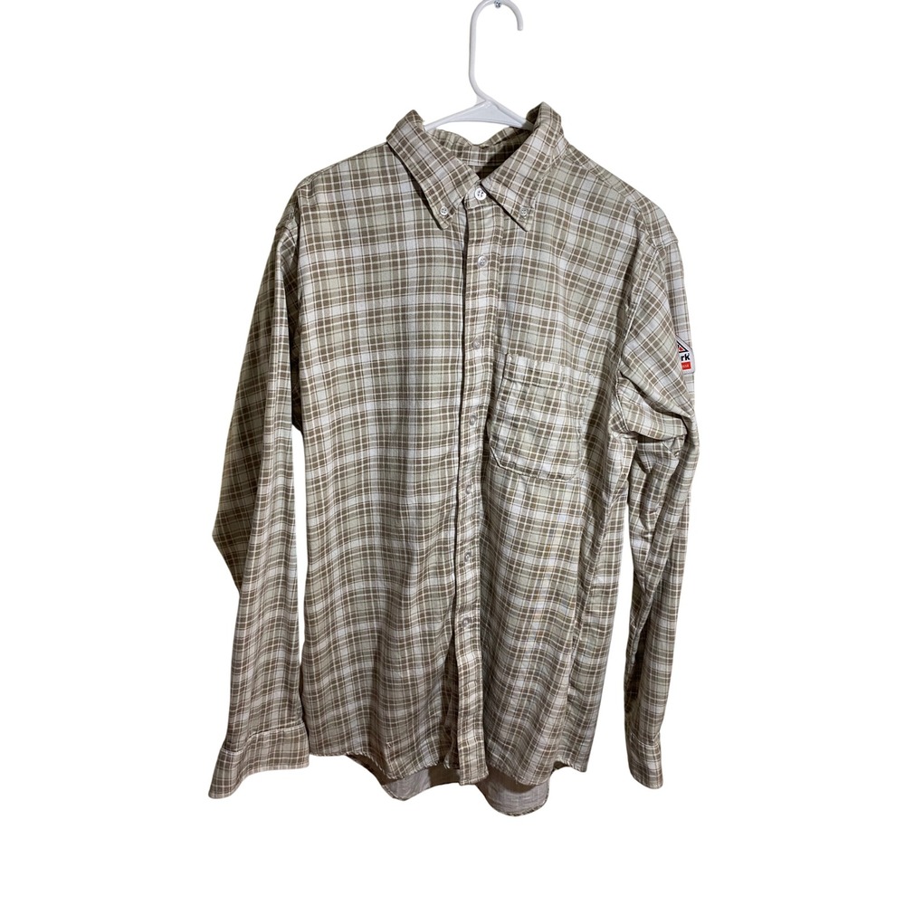 Bulwark FR Excel FR Tan Plaid Flame Resistant‎ Work Shirt Mens Large L-LN CAT 2